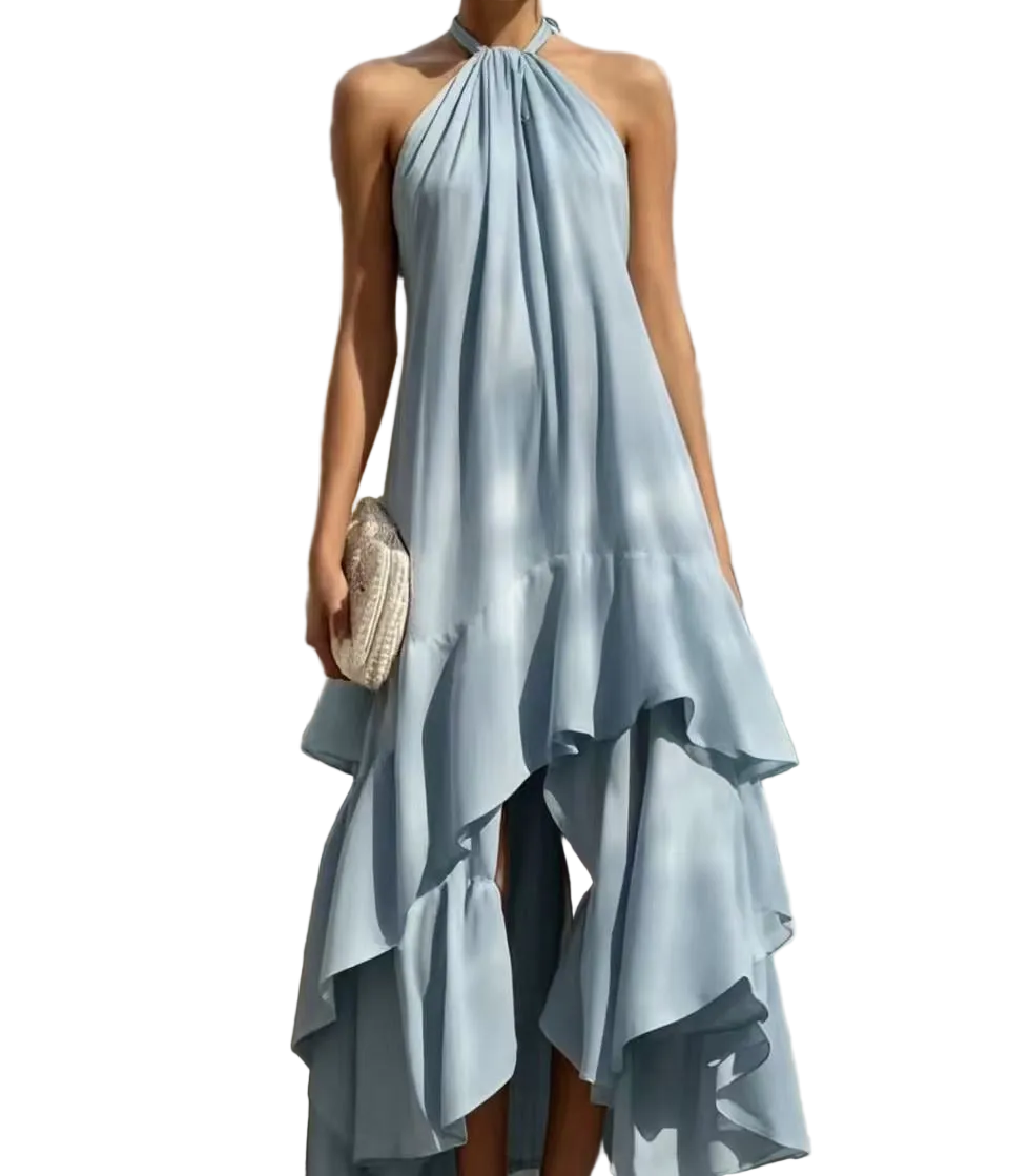 Sleeveless Halter-neck Dress With Asymmetrical Flounced Hem