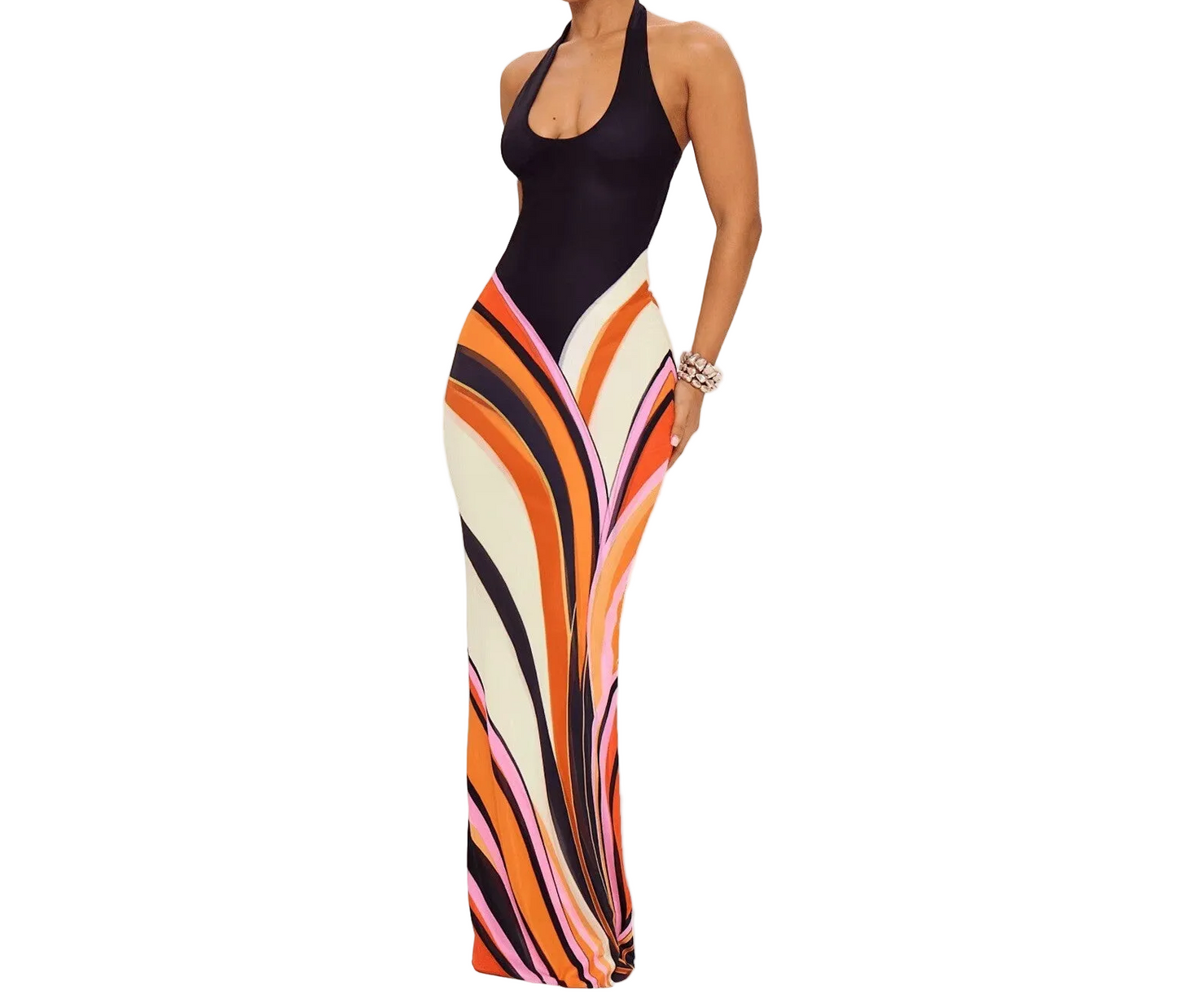 Long Halter Multicolor Bodycon Dress