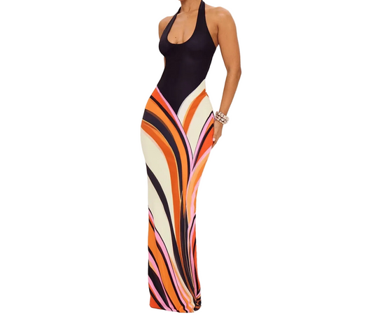 Long Halter Multicolor Bodycon Dress