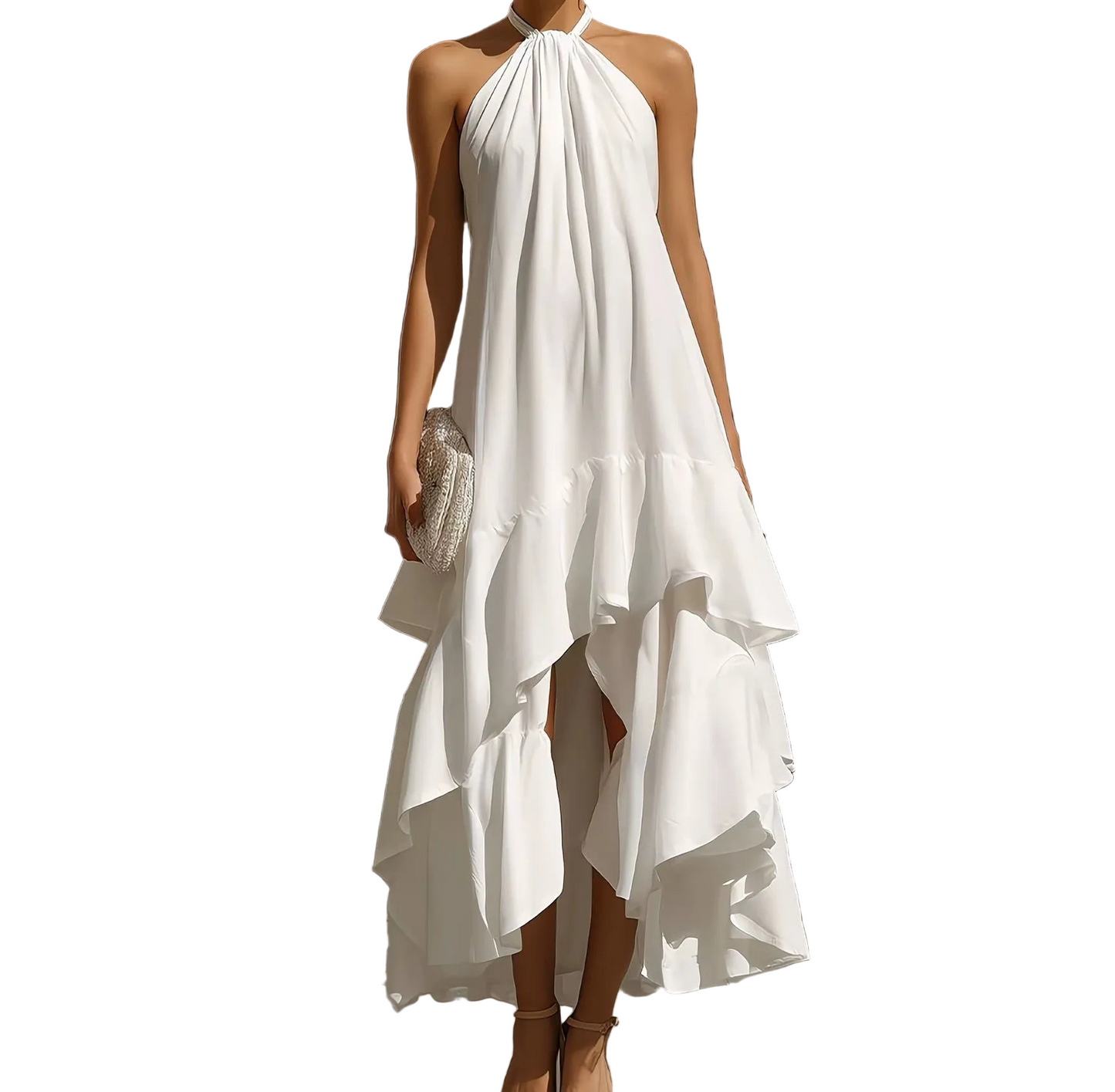 Sleeveless Halter-neck Dress With Asymmetrical Flounced Hem