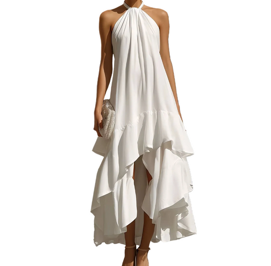 Sleeveless Halter-neck Dress With Asymmetrical Flounced Hem