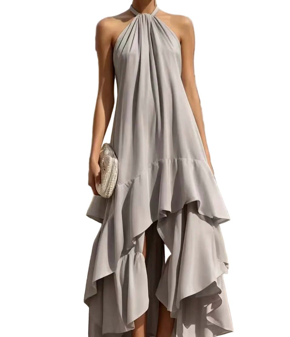 Sleeveless Halter-neck Dress With Asymmetrical Flounced Hem